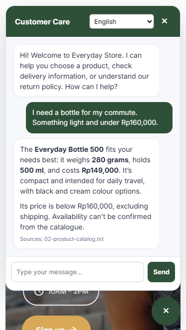 Customer Care recommends Everyday Bottle 500 for a light commute bottle under Rp160,000.